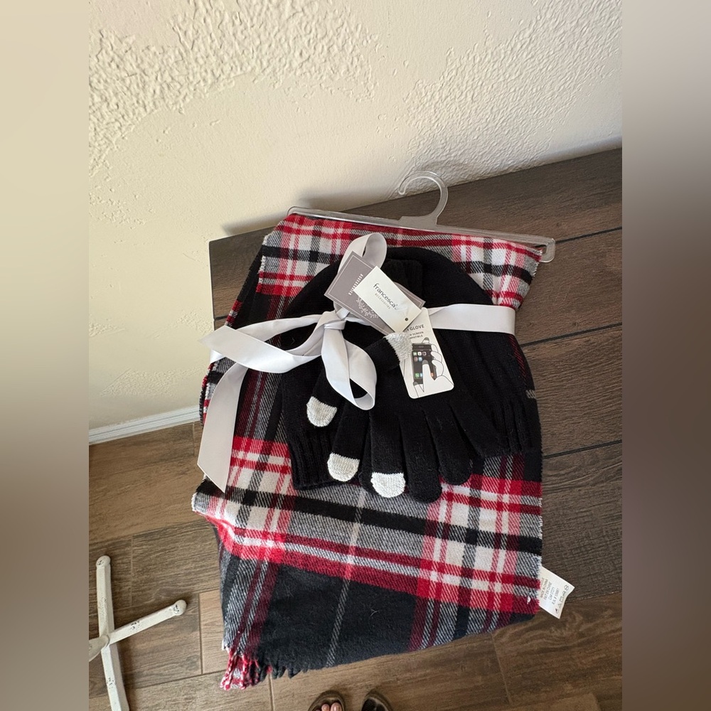 Francesca's Collections Red and Black Plaid Scarf, Beanie, and Gloves.